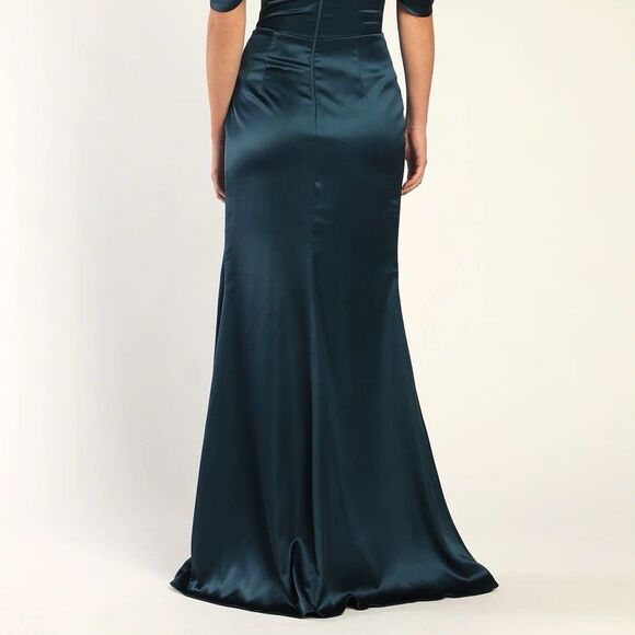 Lulus Stunning Arrival Dark Teal Satin Off-The-Shoulder Maxi Dress Sz. Large NEW - Picture 9 of 16
